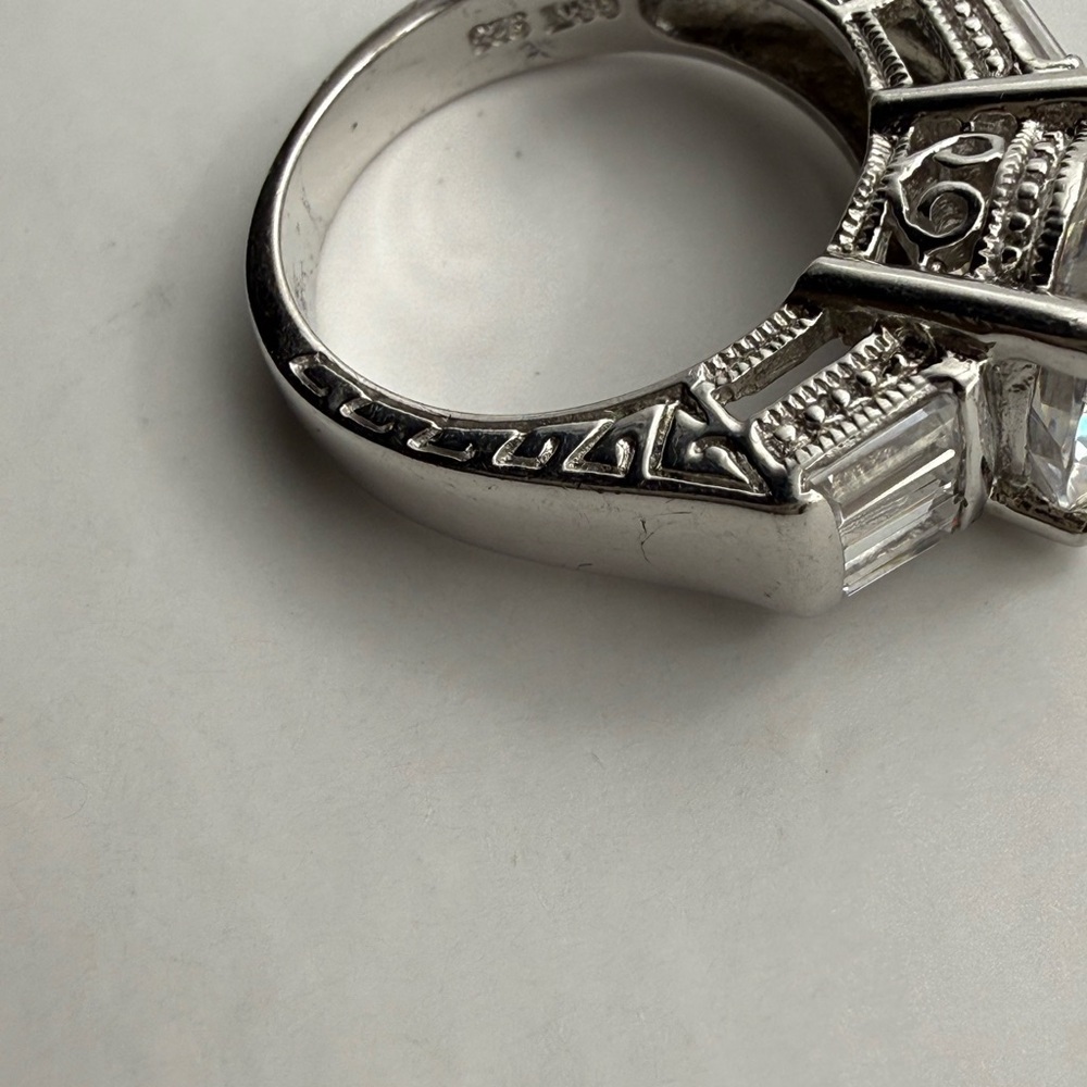 Cocktail Ring CZ 925 Signed GSK Size 7 Filigree sterling silver Mossanite 21.04G - Picture 12 of 13